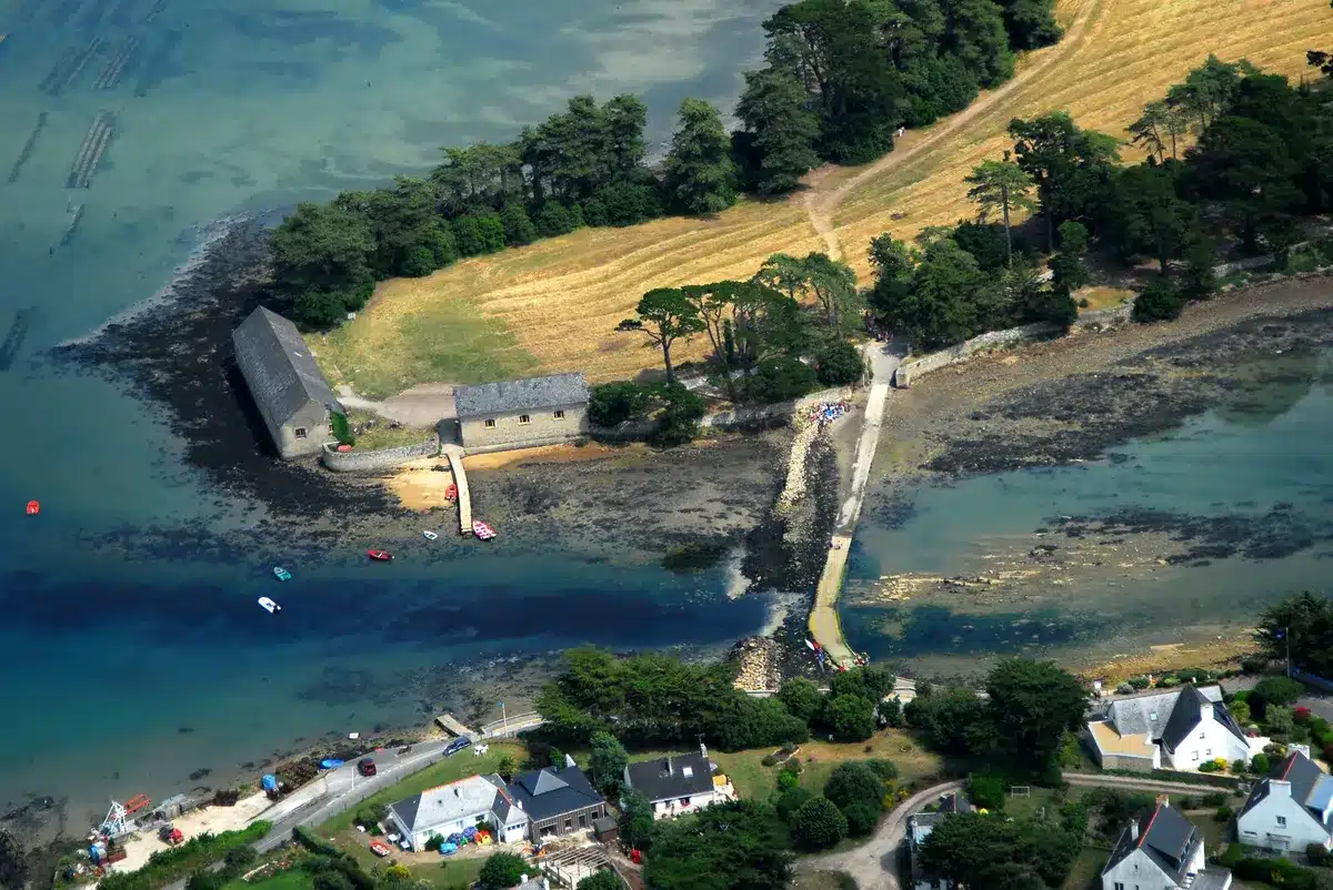 Passage piétonnier vers l'île de Berder, entouré d'eau et de nature
